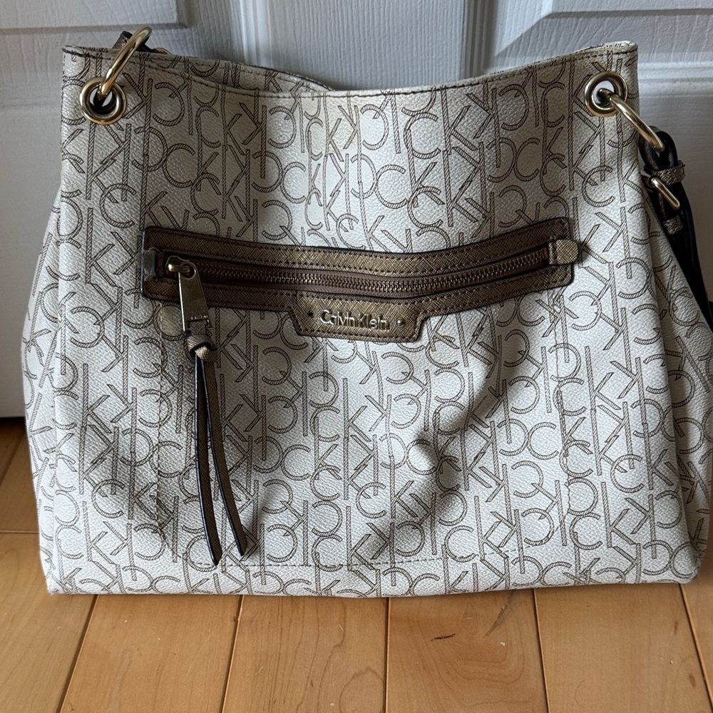 Calvin Klein Beige and Tan Shoulder Bag
